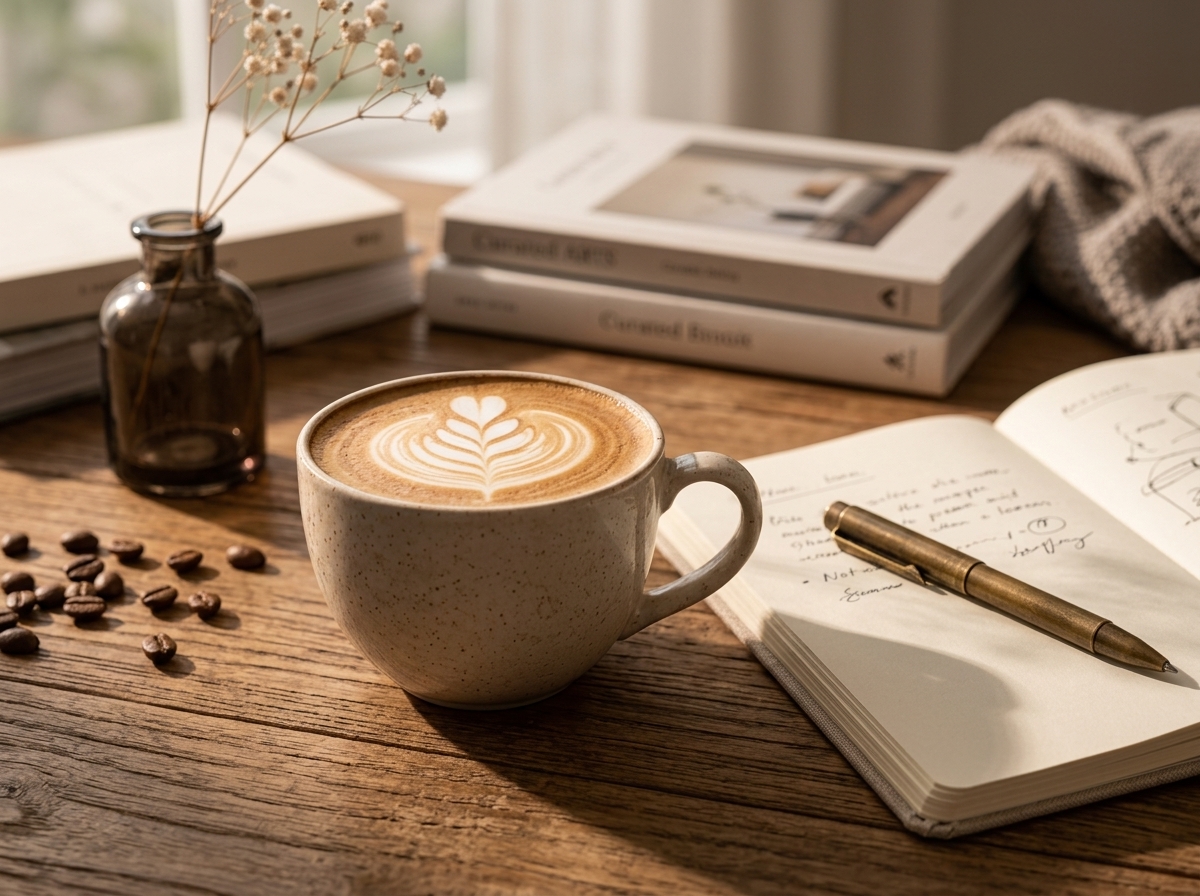 Flat white latte art with journal